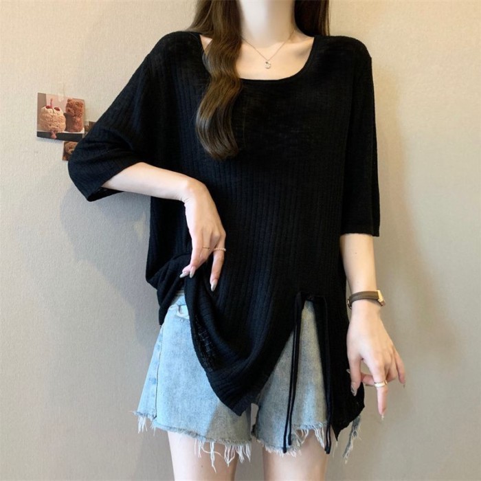 Lan ~ Size Lớn Mỡ mm Pit Strip Không Đều Chia Tay Áo Thun Nữ Mùa Hè Phong Cách Mới Rời Ôm Hơn Nhìn Giảm Tuổi Top Nữ ins