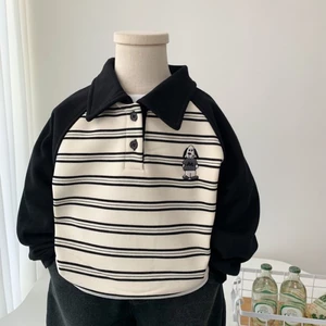 Áo sơ mi nhung sọc trẻ em POLO, áo len nhung một mảnh thu đông, áo raglan tay lỡ xinh xắn cho