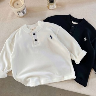 Bé trai dày cổ đứng Áo thun polo thêu cổ chữ V giản dị sọc màu hàng đầu Áo thun dài tay