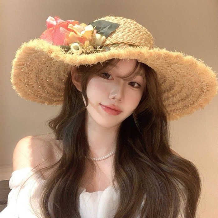 Mũ Rơm Raffia Cho Nữ Mùa Hè Pháp Dệt Hoa Kỳ Nghỉ Đi Biển Vành Lớn Mũ Chống Nắng