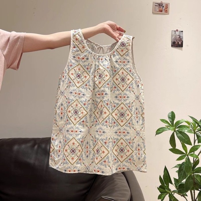 Mới Phong Cách Trung Hoa Retro Họa Tiết Hoa Áo Vest Nữ Mùa Hè Mỏng Thoáng Khí Rời Thịt Bao Ph