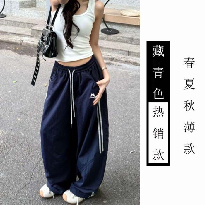 Quần ống rộng thể thao kẻ sọc lười biếng cho nữ mùa hè Quần ống rộng lưng cao phong cách Hàn