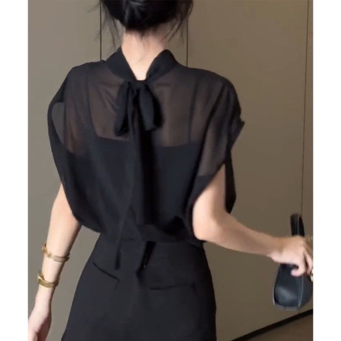 chiếc áo sơ mi voan tay ngắn cổ đứng bằng vải tuyn màu đen thắt nơ cho nữ mùa hè phong cách thời