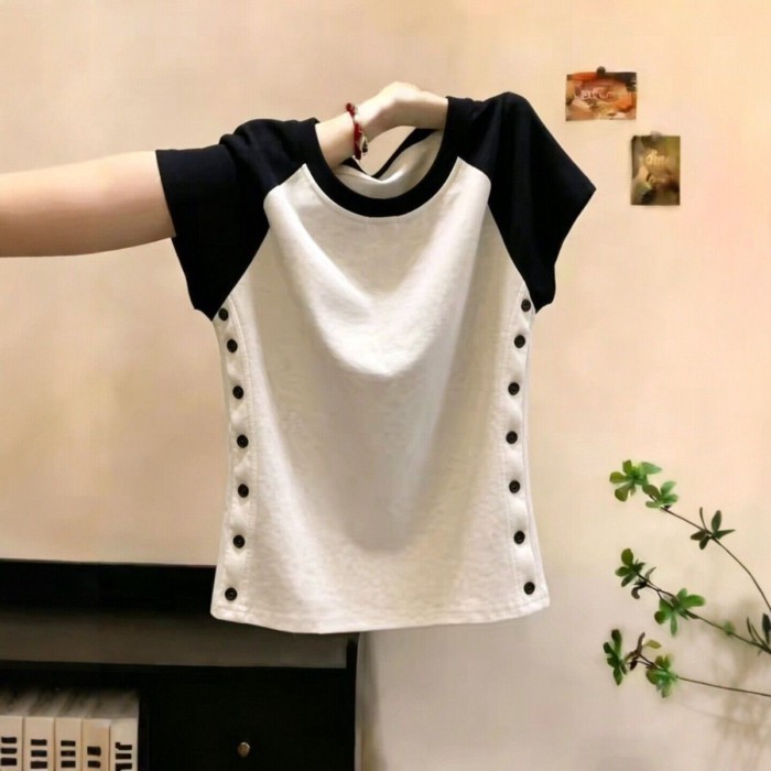 Lan ~ Phong Cách Hàn Quốc Màu Sắc Tương Phản Raglan Tay Áo Thun Nữ Mùa Hè Phong Cách Mới Slim-Fit Slim Hơn Nhìn Sang Trọng Phù Hợp Với Hàng Đầu