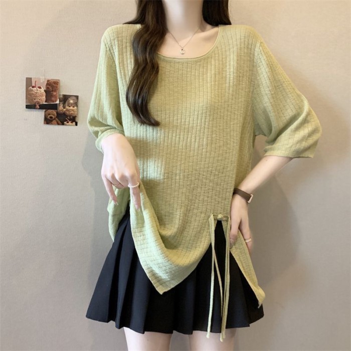Lan ~ Size Lớn Mỡ mm Pit Strip Không Đều Chia Tay Áo Thun Nữ Mùa Hè Phong Cách Mới Rời Ôm Hơn Nhìn Giảm Tuổi Top Nữ ins