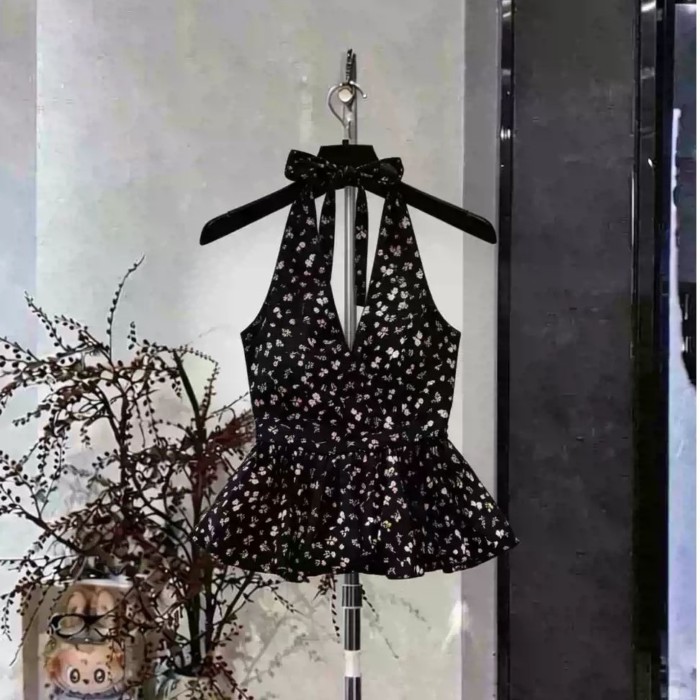 Áo vest hoa cổ yếm phong cách nghỉ dưỡng Pháp dành cho nữ có eo cổ chữ V và dây treo nụ hoa g