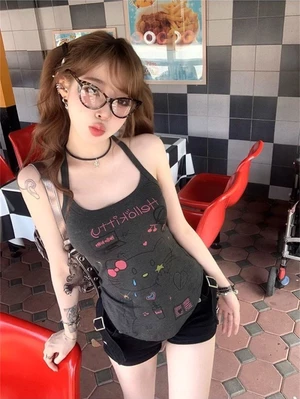 Đường phố cao cấp Mỹ retro hottie dây yếm dành cho nữ mùa hè graffiti in hình hoạt hình đáy b