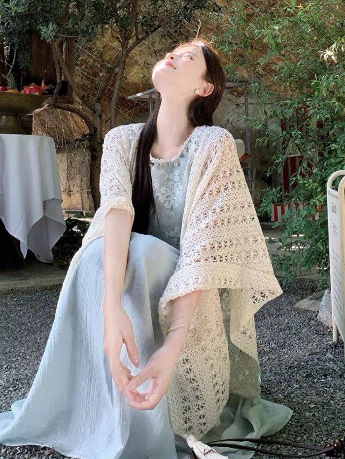 Mùa Hè mỏng tua rua rỗng dệt kim ren nữ khăn choàng mỏng cardigan bên bờ biển bãi biển váy kỳ