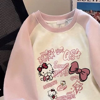Áo nỉ bé gái vừa và lớn Hello Kitty Loose Velvet dày tay áo Raglan