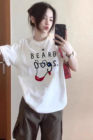 Áo thun ngắn tay vai phải cotton trắng nguyên chất dành cho nữ mùa hè mới thiết kế dáng rộng nic