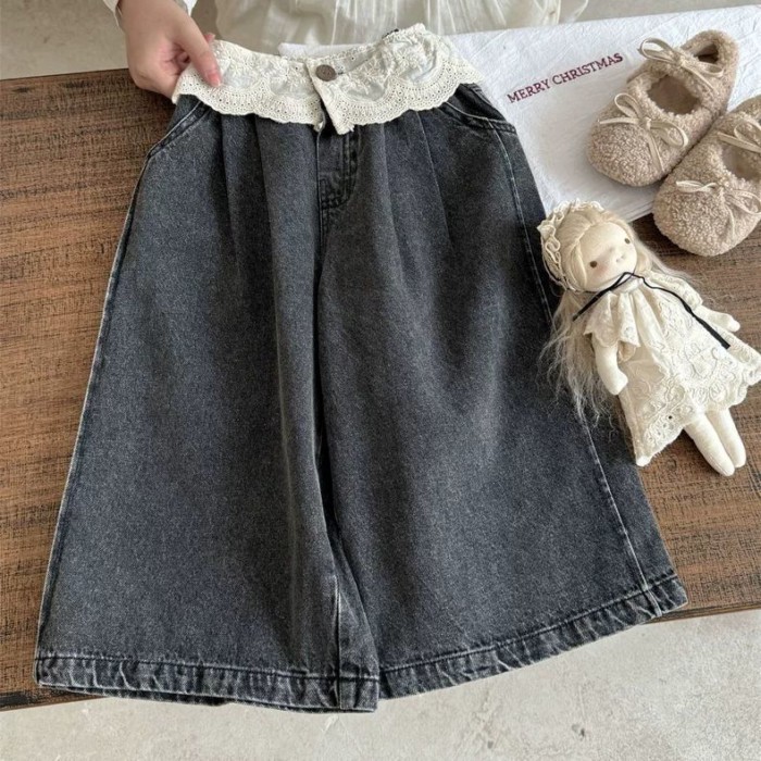 bé gái quần ống rộng mùa thu mới phong cách Hàn Quốc dáng rộng và phong cách nước ngoài ren mông