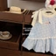 Váy vest bé gái phong cách Hàn Quốc nơ ngọt ngào kẻ sọc xanh váy nụ hoa dễ thương váy trẻ em