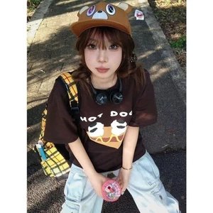Áo thun ngắn tay màu nâu cổ điển Mỹ in hình vui nhộn dành cho nam và nữ mùa hè mới áo cổ tròn