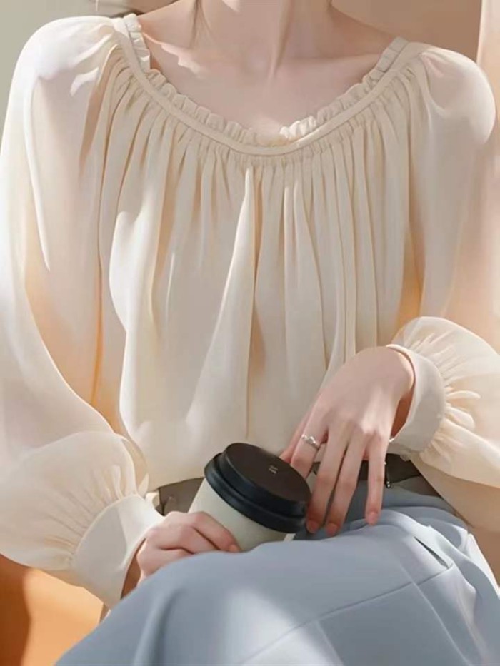 Áo sơ mi voan dài tay kiểu Pháp dành cho nữ mùa xuân mới phong cách nhẹ nhàng sang trọng cao