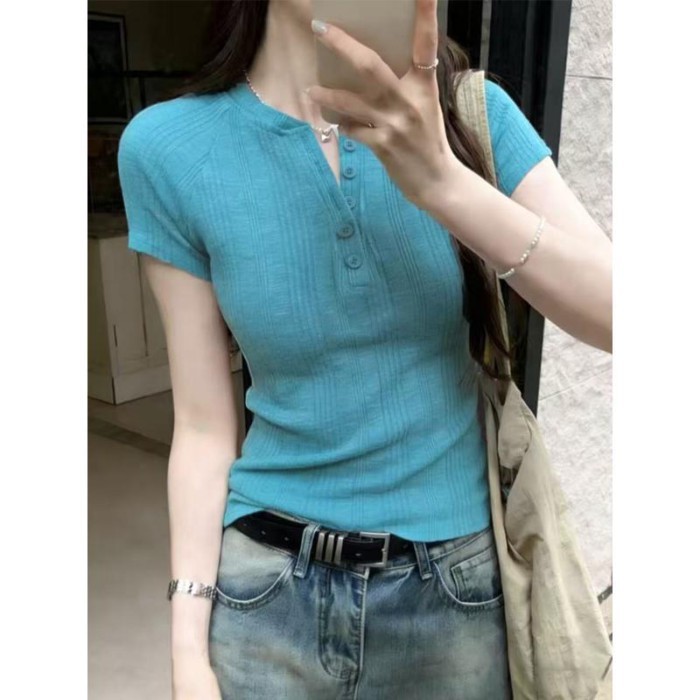 Áo thun ngắn tay giảm béo cài cúc mùa hè cho nữ, áo đa năng cho nữ, cổ chữ V