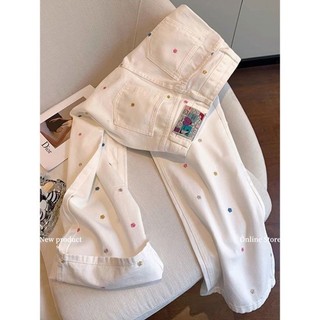 Quần jeans thêu hoa nhỏ dành cho nữ mùa thu thiết kế mới lưng cao ống rộng quần ống rộng
