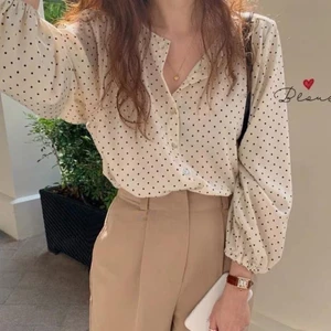 thiết kế đèn lồng mùa xuân retro chấm bi Pháp áo sơ mi voan áo sơ mi dài tay dáng rộng phong