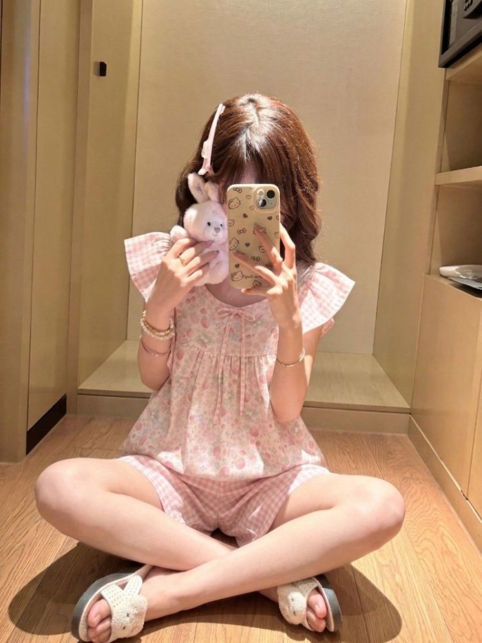 Bộ Đồ Ngủ Nữ Tay Feifei Dễ Thương Cho Nữ Mùa Hè Mỏng Và Ngọt Ngào Nữ Tính Feifei Tay Quần Short Kẻ