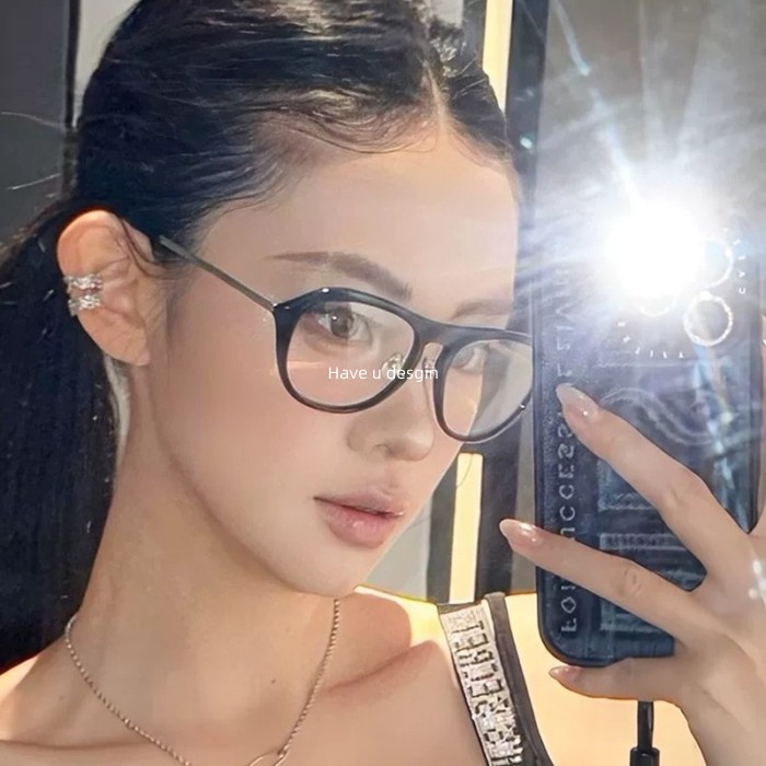 Have u desgin Phiên bản Hàn Quốc Kính gọng lớn màu đen Nữ Full Frame Retro Hot Girl Mặt trơn Dụng cụ tiện dụng Mặt tròn nhỏ có khung kính cận thị