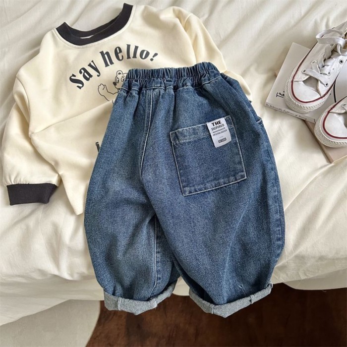 chiếc quần jeans trẻ em xuân thu quần ống rộng phong cách mới cho bé trai và bé gái quần harem ố