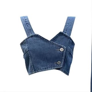 Áo ống denim màu retro thời trang cho nữ mùa hè mới Áo crop top một vai đa năng ngọt ngào và
