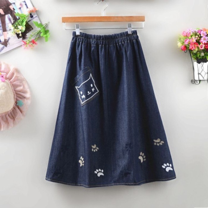 Váy Denim Mới Eo Co Giãn Thêu Chân Váy Chữ A Dài Trung Bình Váy Học Sinh