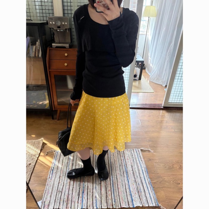 Lan ~ Nhật Bản Ngọt Ngào Màu Vàng Chấm Bi Drape Váy Nữ Xuân Hè Đơn Giản Phong Cách Preppy Mỏng Hơn Nhìn Họa Tiết Váy chữ a