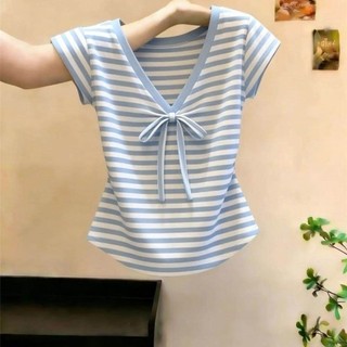 Trang phục phổ biến Màu sắc tương phản Sọc ngắn tay Áo thun nữ mùa hè Thắt nơ cổ chữ V Khí chất