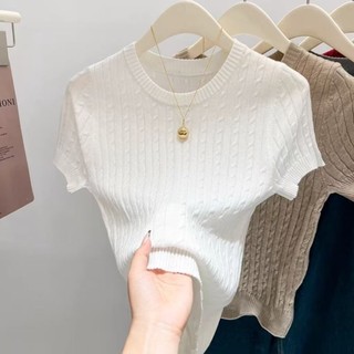 Áo len vai phải cơ bản đa năng áo thun ngắn tay nữ băng lụa mỏng mùa hè kiểu dáng mới dáng ôm