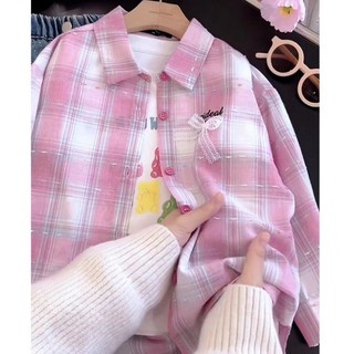 Áo sơ mi kẻ sọc cho bé gái mặc thường ngày Áo khoác nơ hoạt hình cho bé gái