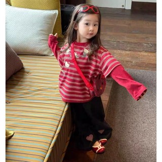 Quần áo trẻ em HelloKitty Áo thun bé gái dài tay giả hai mảnh cotton nguyên chất sọc đỏ