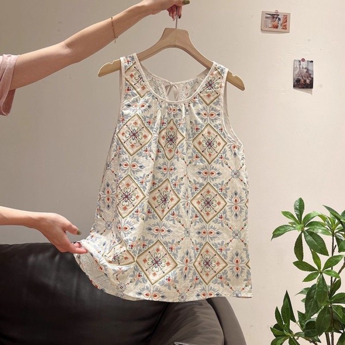 Mới Phong Cách Trung Hoa Retro Họa Tiết Hoa Áo Vest Nữ Mùa Hè Mỏng Thoáng Khí Rời Thịt Bao Ph