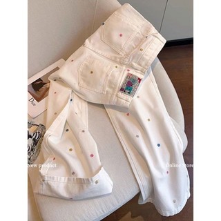 Quần jeans thêu hoa nhỏ dành cho nữ mùa thu thiết kế mới lưng cao ống rộng quần ống rộng