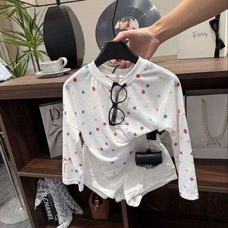Áo thun dài tay trẻ em mùa hè bé gái phong cách Hàn Quốc in đầy đủ chấm bi dáng rộng thông thườn