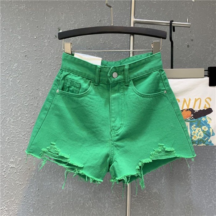 Mới kẹo tím retro cạp cao giảm béo quần ống rộng rách thô viền quần short denim