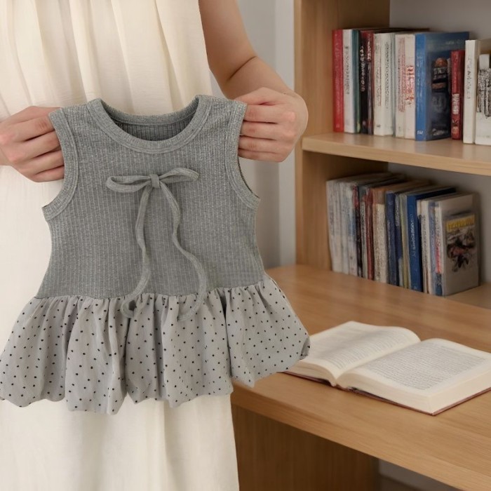 Váy mùa hè bé gái hàn quốc phong cách mới nơ màu xám ngọt ngào váy ba lê phong cách vest
