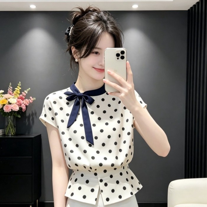 Áo sơ mi tay ngắn cổ tròn chấm bi nơ nữ phong cách Hàn Quốc, áo voan voan sang trọng và siêu