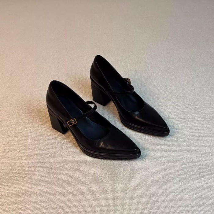 Giày một mảnh mũi nhọn kiểu Pháp có gót dày Mary Jane nữ nông đi lại chuyên nghiệp 7cm