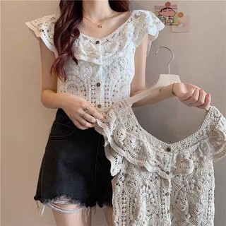 Áo không tay ngắn phong cách mùa hè mới có viền ruffle nhỏ thơm rỗng áo không tay ren móc dàn
