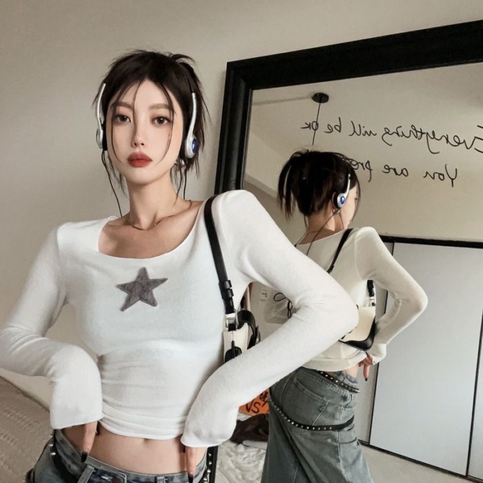 áo thun nữ mùa xuân thu mới phiên bản Hàn Quốc Pure Desire Star mặc bên trong ngắn hot girl áo đ