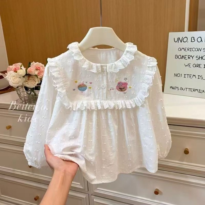 Nữ Mới Quần Áo Thu Đông Áo sơ mi thêu trắng đa năng Bé Gái Phong Cách Hàn Quốc Thời Trang Giản D