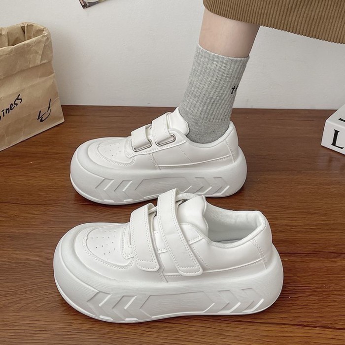 Giày trắng đế dày, giày Velcro tăng chiều cao, giày thể thao mũi tròn đa năng cho nữ, giày thể thao
