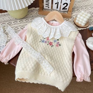 Áo sơ mi dài tay cổ ren xếp nếp cho bé gái màu trắng có cổ công chúa với chất liệu cotton nguyên ch