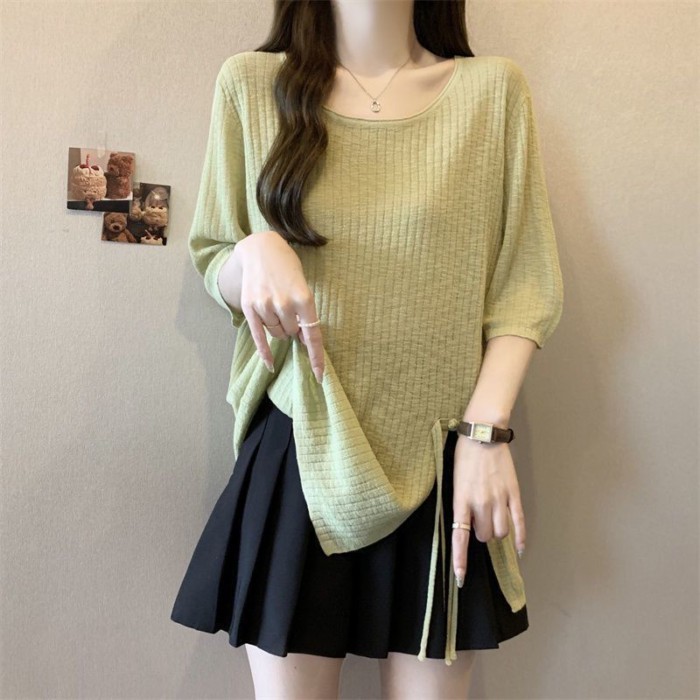 Lan ~ Size Lớn Mỡ mm Pit Strip Không Đều Chia Tay Áo Thun Nữ Mùa Hè Phong Cách Mới Rời Ôm Hơn Nhìn Giảm Tuổi Top Nữ ins