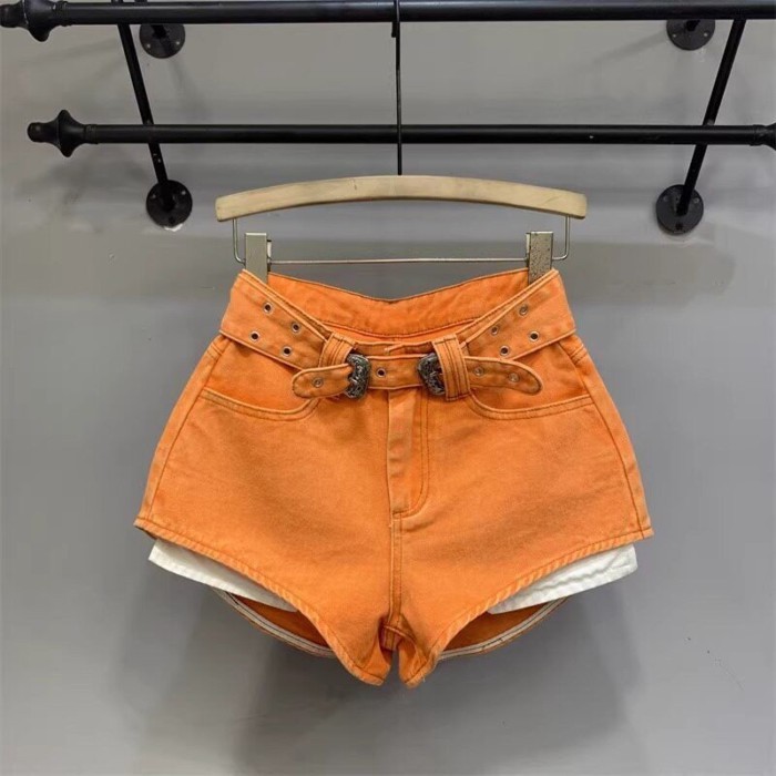 Quần short denim dài chân màu cam hottie phong cách mới, lưng cao, đa năng, túi hở, quần chữ
