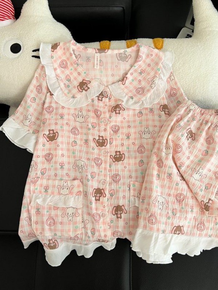 Cổ Búp Bê Ren Món Tráng Miệng Bộ Đồ Ngủ Thỏ Cho Nữ Học Sinh Mùa Hè Hoạt Hình Dễ Thương Tay Ng