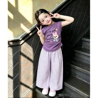 Bộ đồ mùa hè cho bé gái Áo vest hoạt hình phong cách Hàn Quốc Quần kẻ sọc Bộ hai mảnh siêu dễ thươn