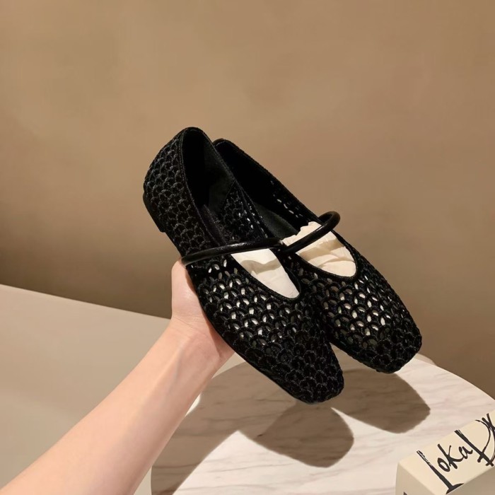 Giày mũi vuông kiểu Pháp rỗng bện nông miệng đơn giày lưới thoáng khí giày đế bệt Mary Jane giày lư