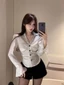 Áo sơ mi dài tay xếp li lấp lánh tay chuông hàn quốc dành cho nữ đầu thu, áo ngắn cổ polo cao cấp