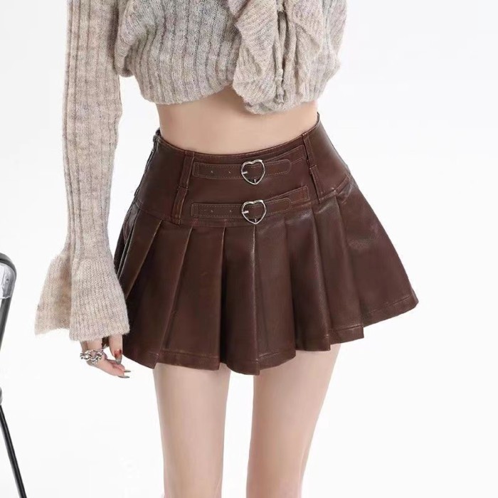 Mùa Thu Đông Váy Da Mỹ Retro Cao Cấp PU Váy Xếp Ly Váy Ôm Váy Ngắn Xếp Ly